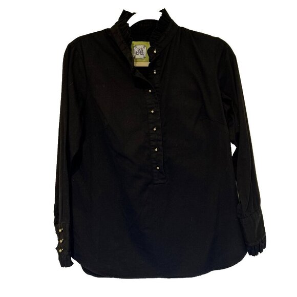 Elizabeth McKay Womens 8 Black Blouse Ruffle Neck Gold Buttons Tuxedo Style - Picture 3 of 10